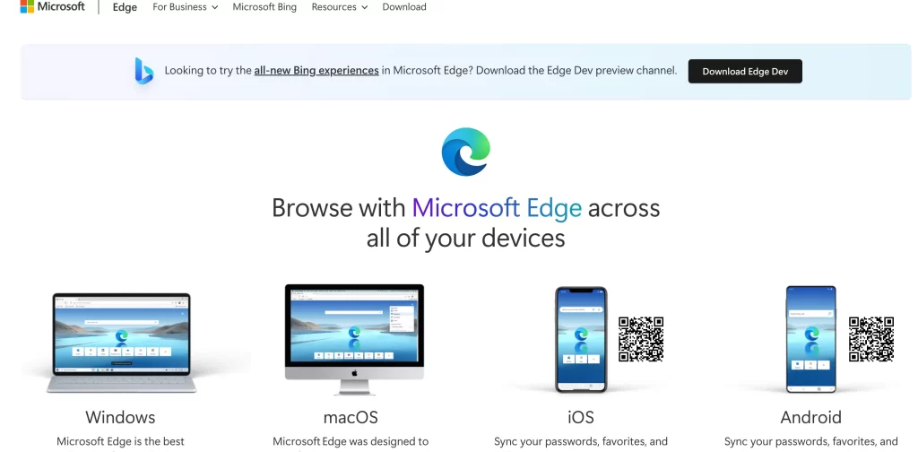 Microsoft Edgeダウンロードページ